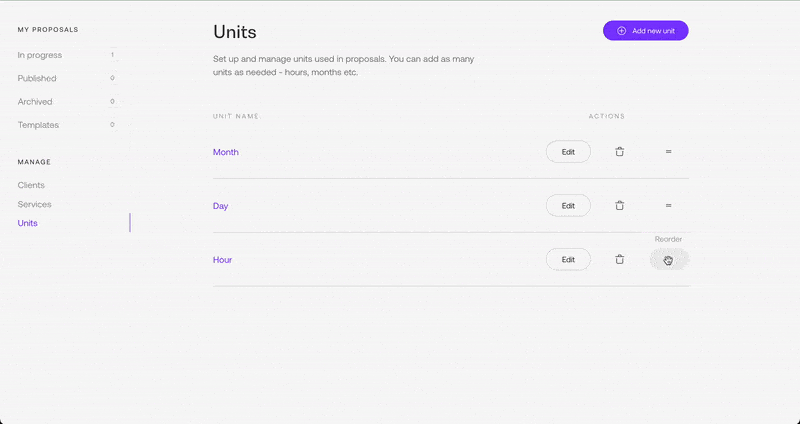 Reordering units in Propoze app settings